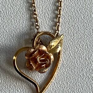 Vtg Yellow Gold Filled KREMENTZ Heart and Rose Women's Pendant Necklace